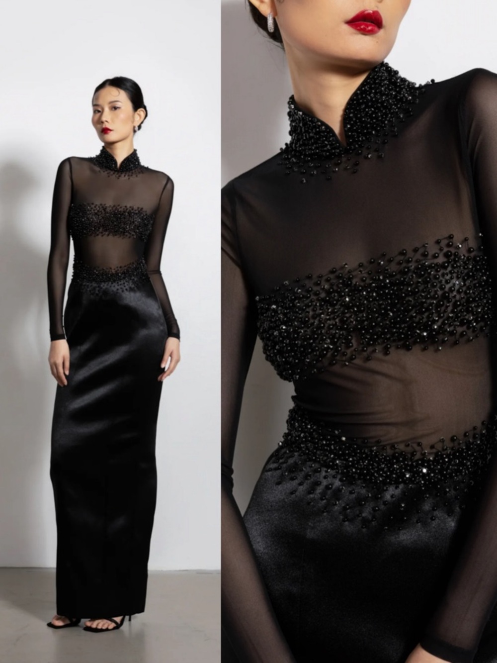 Sau Lee Po Gown Black Sheer Beaded Long Sleeve Dress Size 2 NEW! New With tags! - Picture 2 of 13